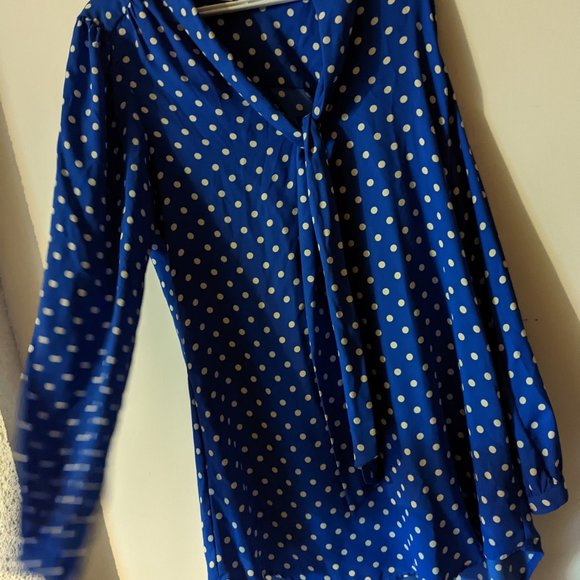 Blue and White polka dot Blouse with attached tie. - Picture 2 of 4